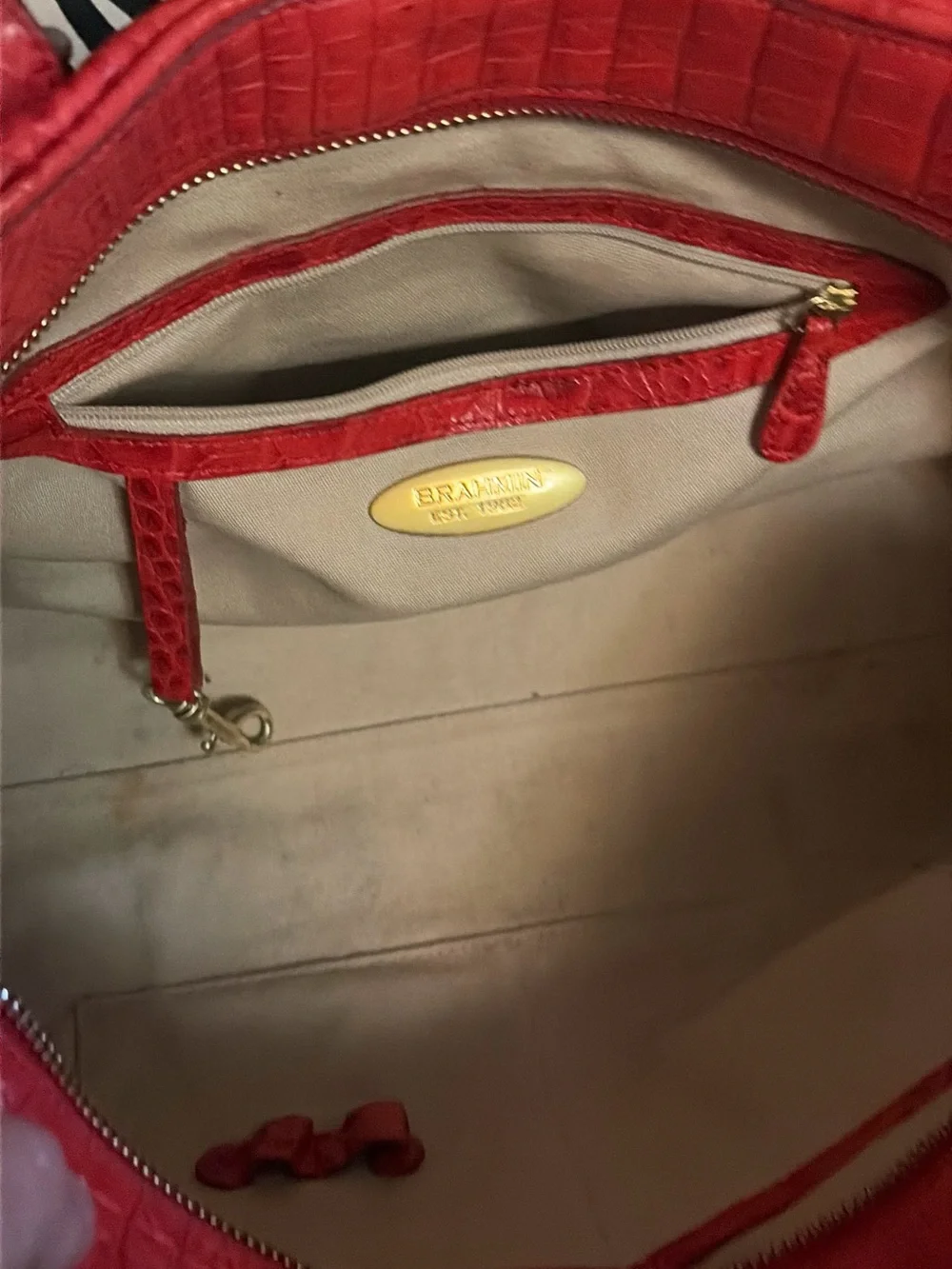Brahmin Red Croc-Embossed Satchel with Gold Hardware